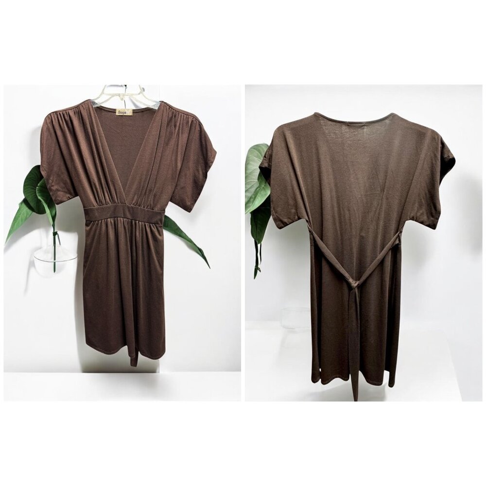 Steps Brown V-Neck Dress Stretchy Fabric & Back Tie Closure